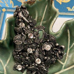 Christmas Holiday Tree brooch by AS pewter metal clear rhinestones Angel topper